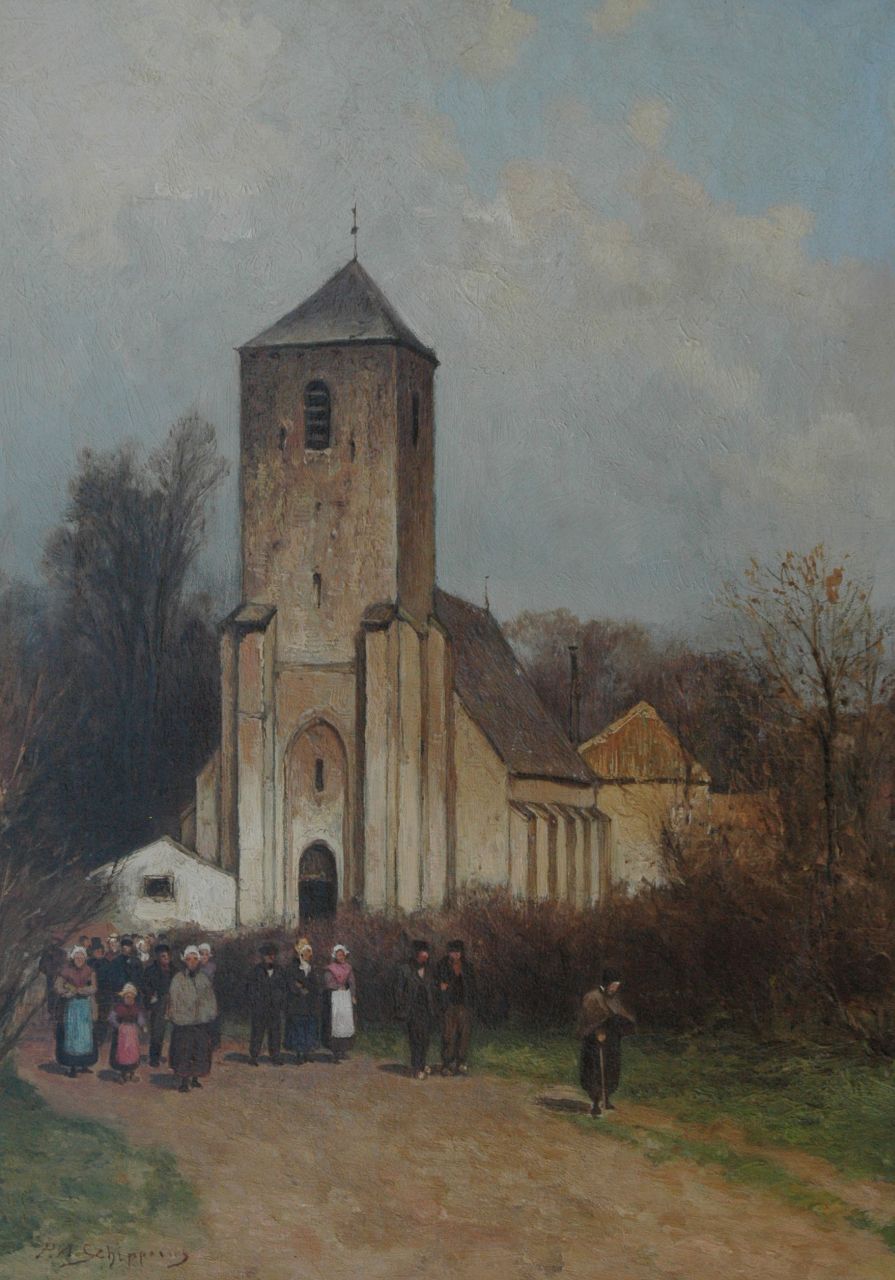 Schipperus P.A.  | Pieter Adrianus 'Piet' Schipperus, Herausgehen der Grote Kerk , Lisse, Öl auf Leinwand 40,8 x 29,3 cm, Unterzeichnet l.u.