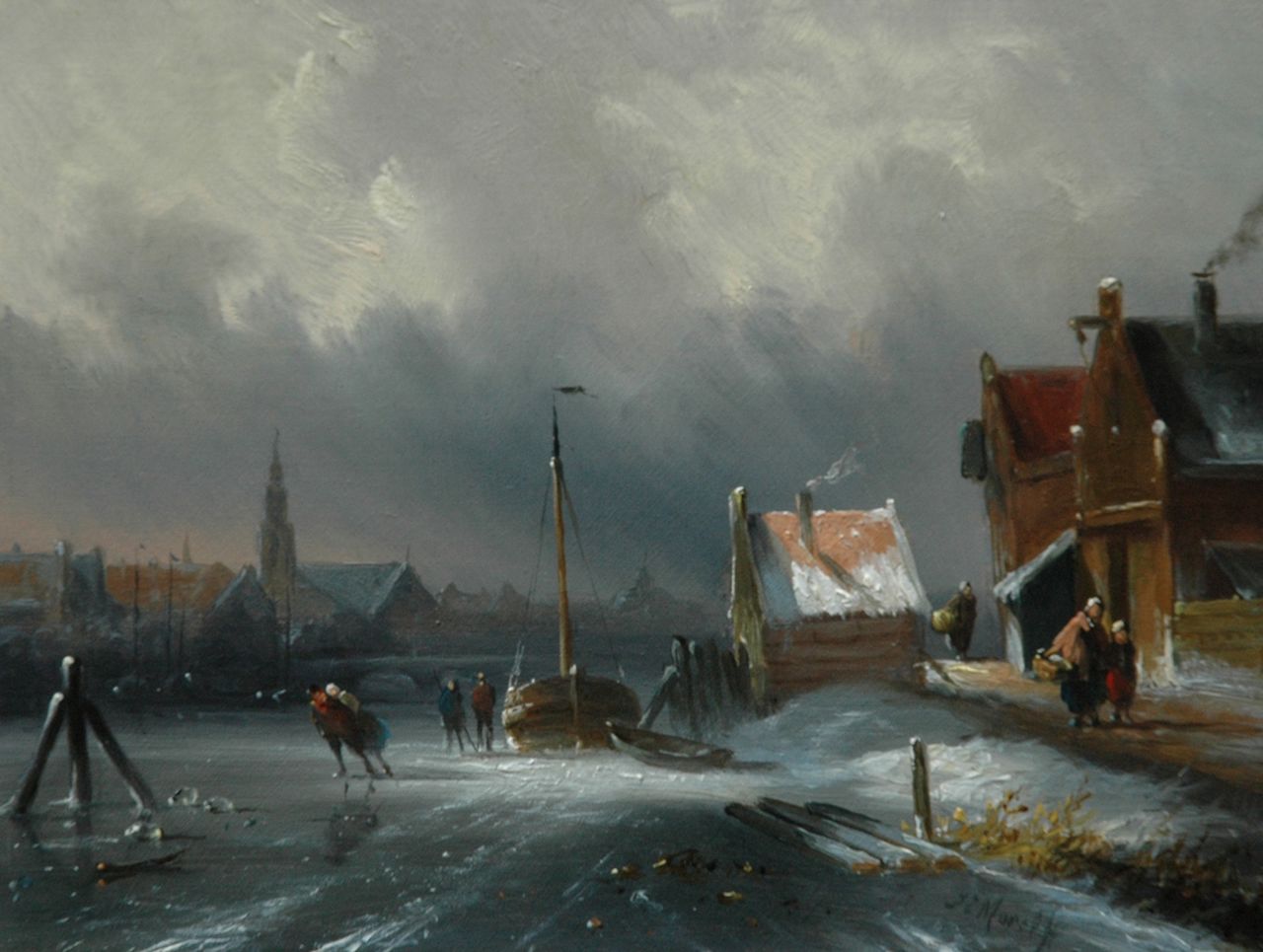 Morel II J.E.  | Jan Evert Morel II, A frozen canal with skaters, Öl auf Holz 15,3 x 20,5 cm, signed l.r.