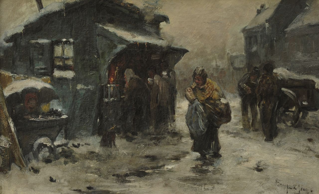 Jong J. de | Johannes 'Jan' de Jong, Dorfstrasse mit Buden im Schnee, Öl auf Leinwand 31,9 x 50,5 cm, Unterzeichnet r.u.