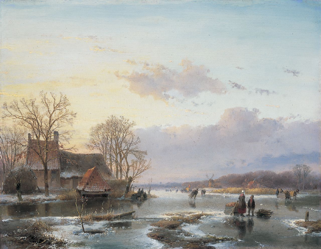 Schelfhout A.  | Andreas Schelfhout, Skaters on a frozen polder canal, Öl auf Holz 37,6 x 48,4 cm, signed l.l. und painted circa 1845