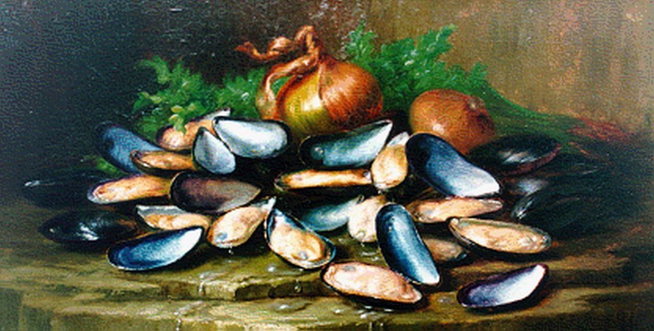 Ryswyck E. van | Edward van Ryswyck, A still life with mussels and onions, Öl auf Leinwand 28,5 x 52,3 cm, signed l.r.