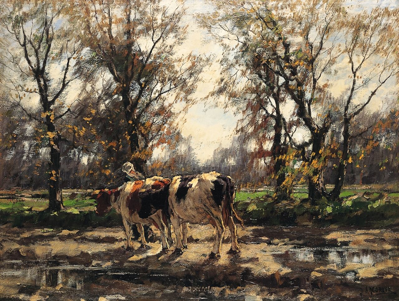 Gorter A.M.  | 'Arnold' Marc Gorter, A milkmaid with her cows after an autumn shower, Öl auf Leinwand 75,0 x 100,5 cm, signed l.r.