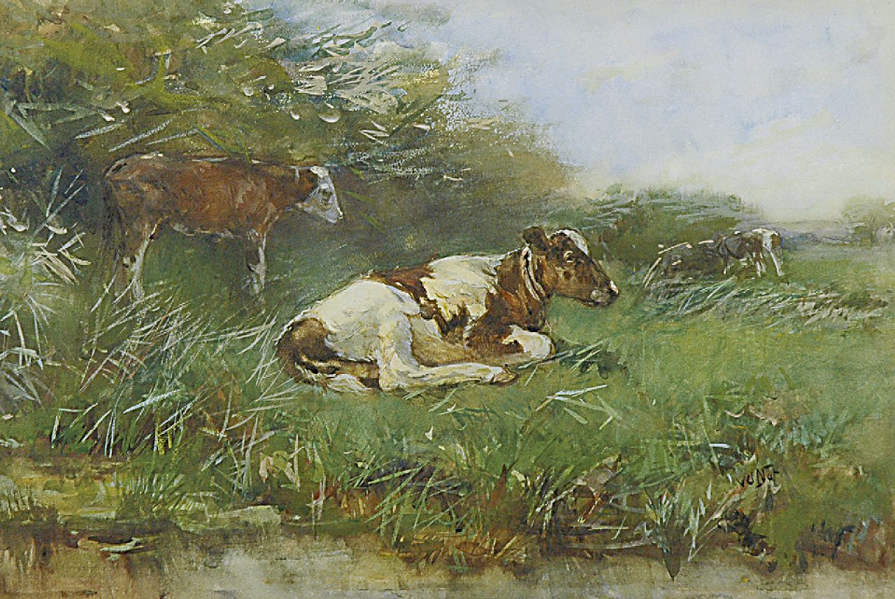 Nat W.H. van der | 'Willem' Hendrik van der Nat, Kälber in der Wiese, Aquarell auf Papier 33,3 x 49,6 cm, Unterzeichnet r.u.