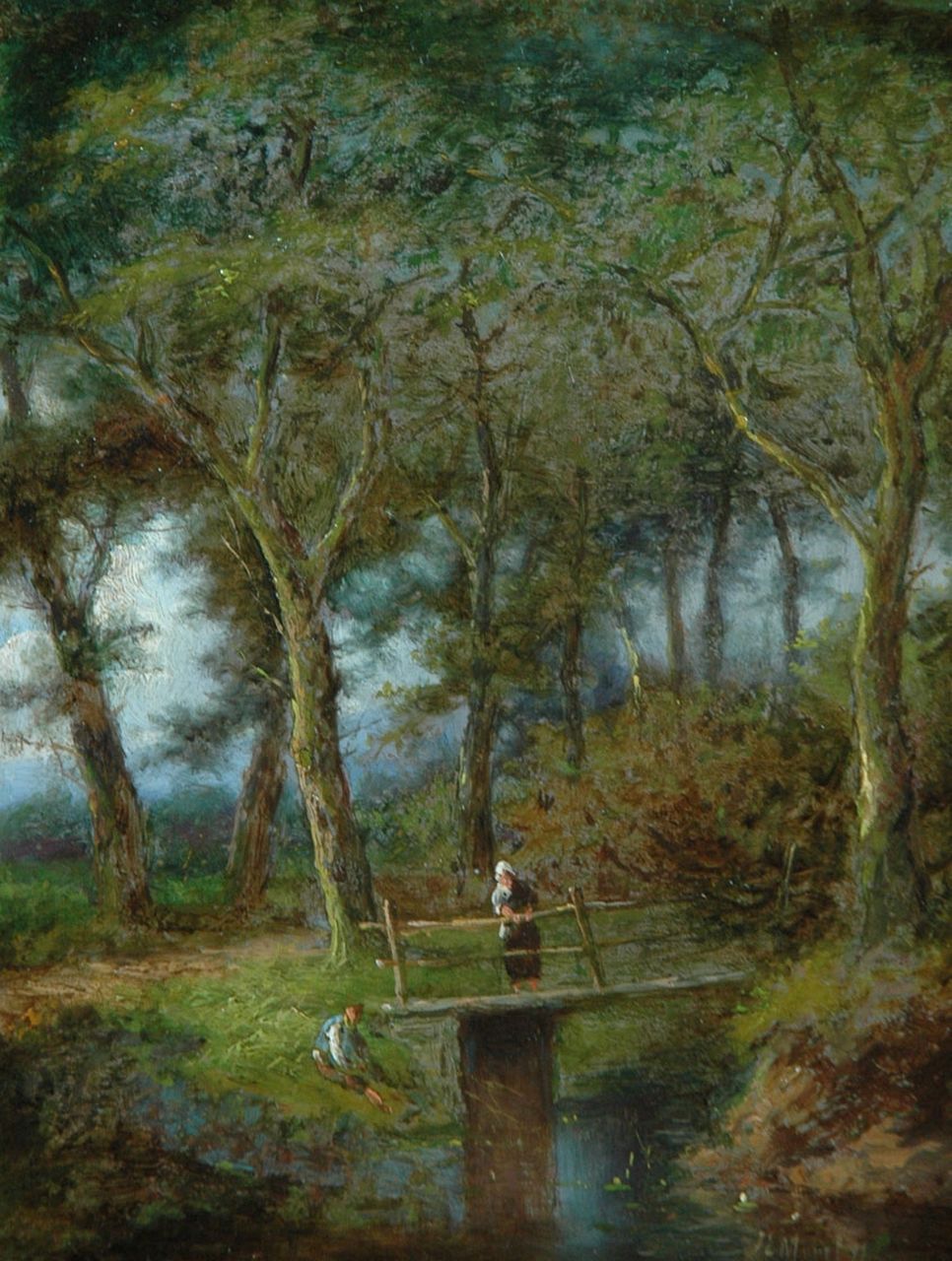 Morel II J.E.  | Jan Evert Morel II, Land folk by a bridge in the forest, Öl auf Tafel 20,2 x 15,5 cm, signed l.r.