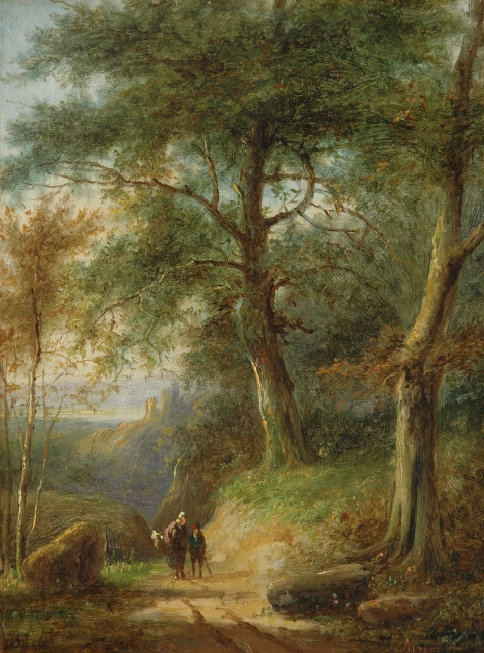Morel II J.E.  | Jan Evert Morel II, Strolling on a path in the forest, Öl auf Holz 21,5 x 15,9 cm, signed l.r.