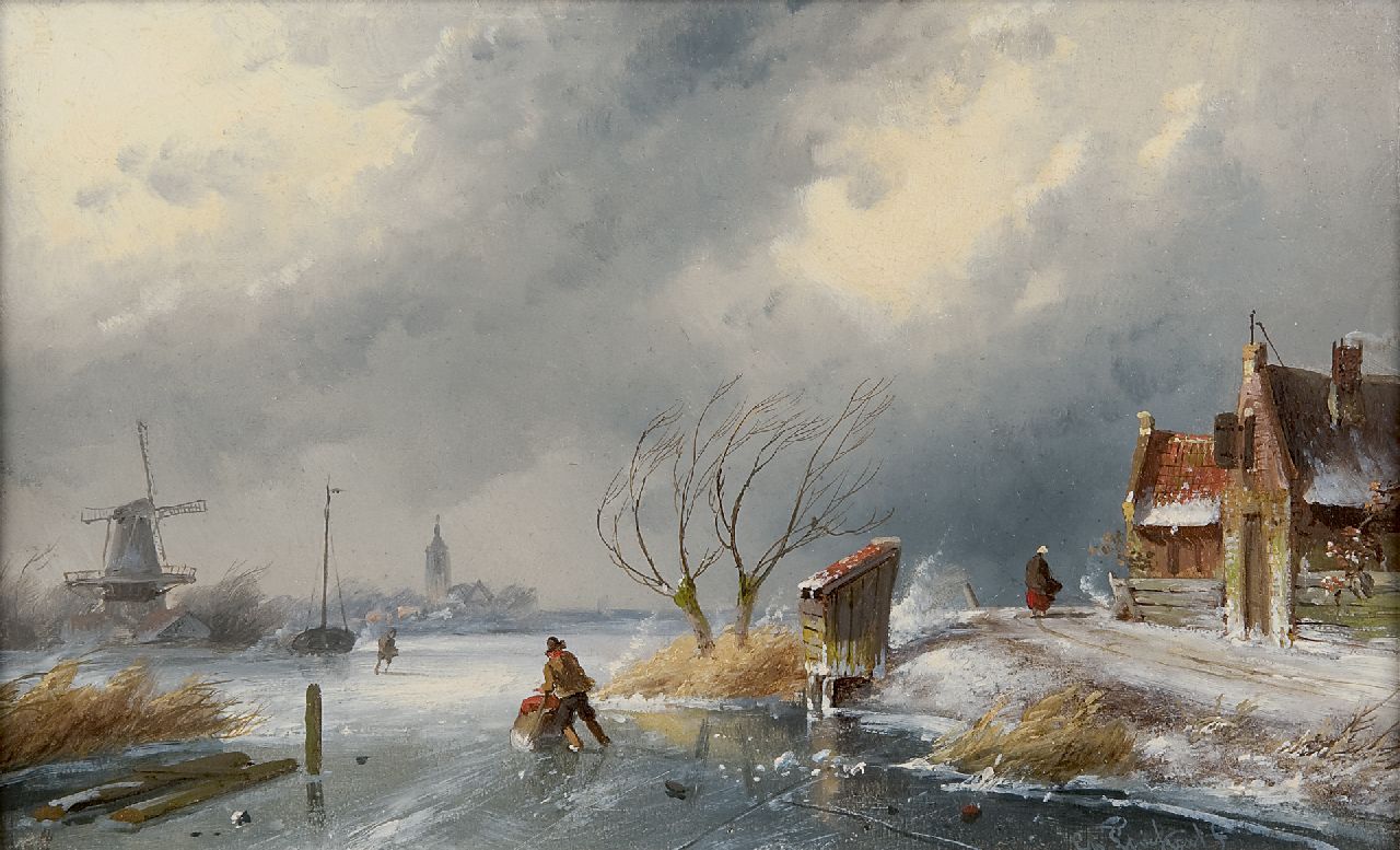 Leickert C.H.J.  | 'Charles' Henri Joseph Leickert, Winter landscape with skaters and a sledge, Öl auf Holz 16,2 x 26,2 cm, signed l.r.