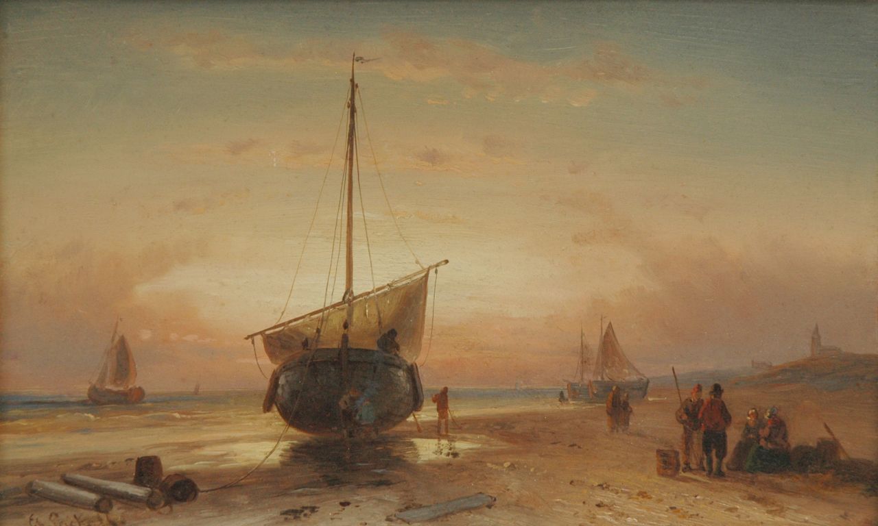 Leickert C.H.J.  | 'Charles' Henri Joseph Leickert, Barge on the beach at sunset, Öl auf Holz 16,2 x 26,2 cm, signed l.l.