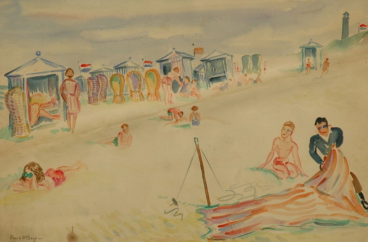 Berg J.F.  | 'Joan' Frans Berg, Sonnenanbeter am Strand, Aquarell auf Papier 38,3 x 55,6 cm, Unterzeichnet u.l. und zu datieren Ende vierziger Jahre