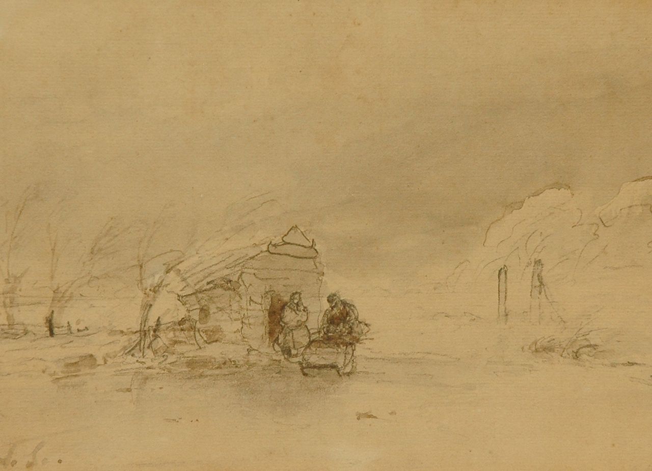 Schelfhout A.  | Andreas Schelfhout, A winter landscape with skater, Bleistift und Aquarell auf Papier 14,5 x 19,7 cm, signed l.l. with initials