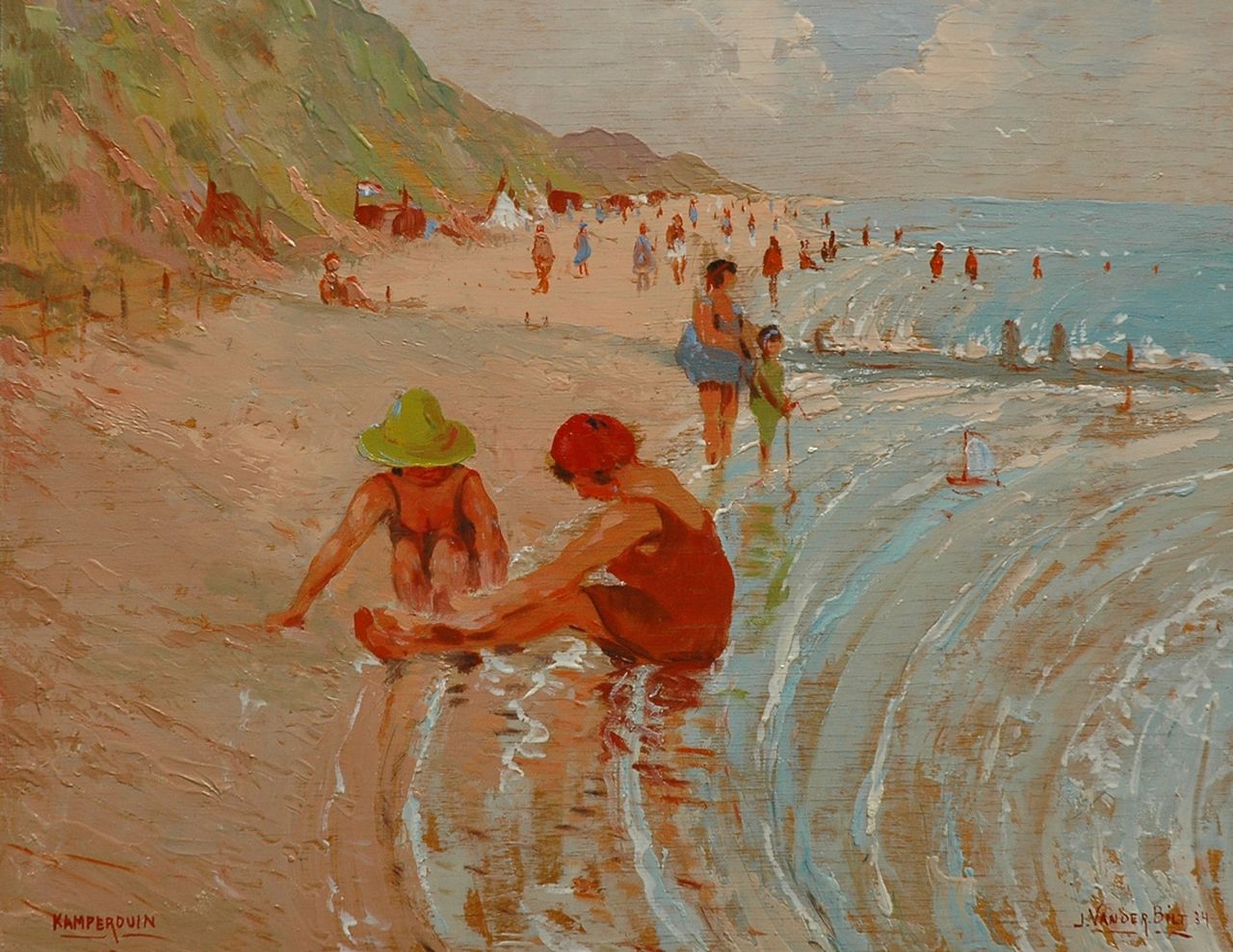 Johan van der Bilt | Children playing on the beach of Kamperduin, Öl auf Holz, 34,7 x 45,0 cm, signed l.r. und dated '34