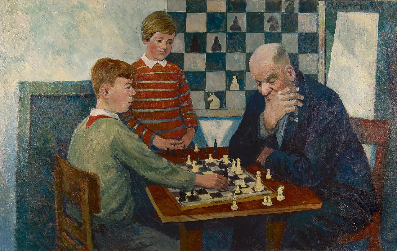 Rackwitz G.  | Günter Rackwitz | Gemälde zum Verkauf angeboten | Schachspieler, Öl auf Leinwand 99,6 x 161,2 cm, Unterzeichnet r.o. und datiert '65