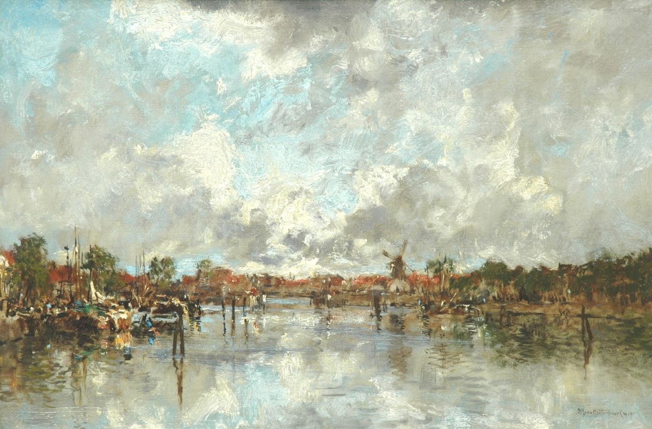Mastenbroek J.H. van | Johan Hendrik van Mastenbroek, The Rotterdam harbour at sunset, Öl auf Leinwand 40,2 x 60,3 cm, signed l.r. und  dated 1919