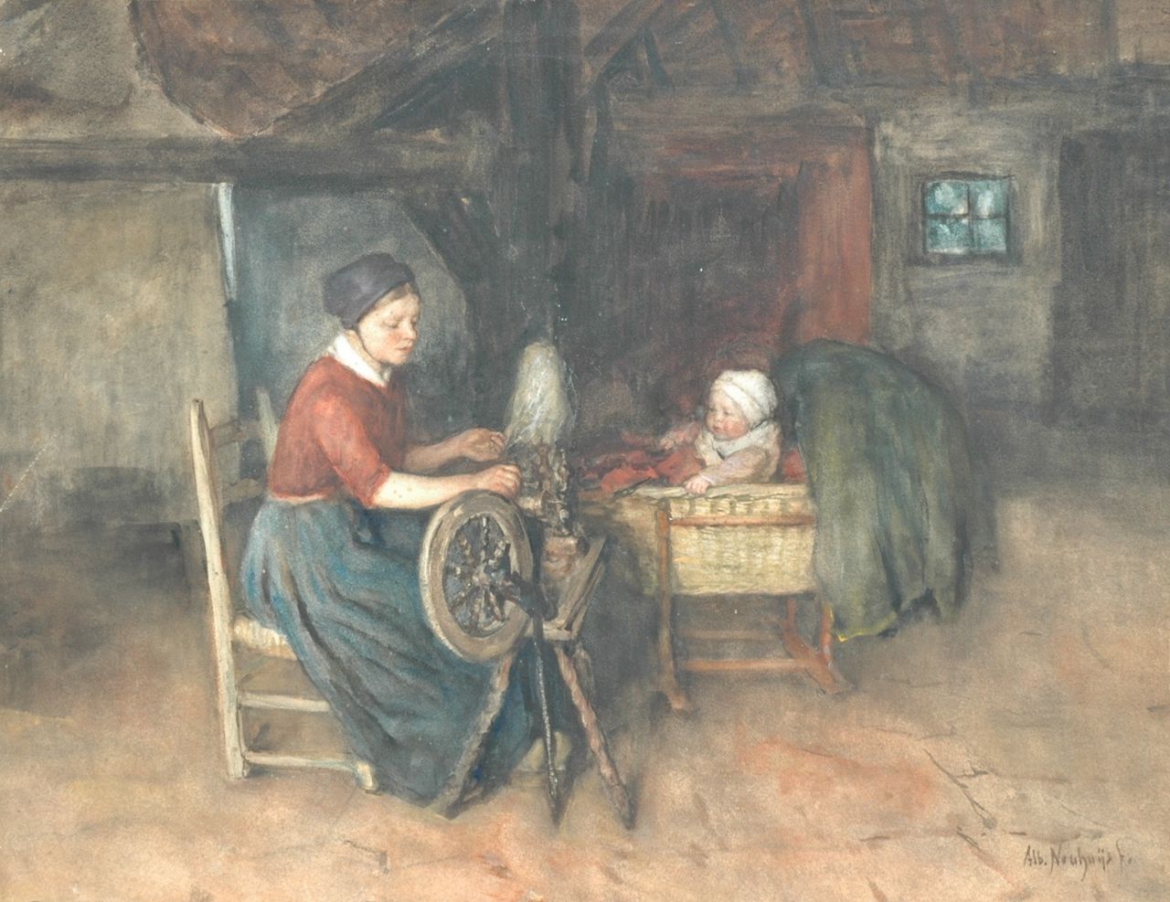 Neuhuys J.A.  | Johannes 'Albert' Neuhuys, Young farmer's wife at the spinning wheel with her baby in a cradle, Aquarell auf Papier auf Holzfaserplatte 52,3 x 67,5 cm, signed l.r.