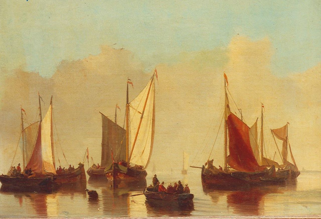 Gruijter J.W.  | Jacob Willem Gruijter, Shipping on the IJ, Amsterdam, Öl auf Holz 31,0 x 46,7 cm, signed l.r.