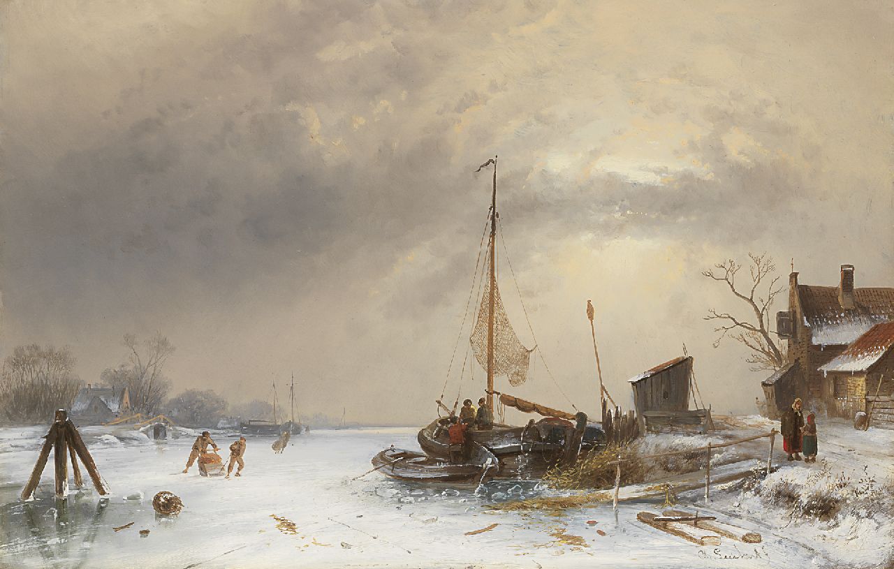 Leickert C.H.J.  | 'Charles' Henri Joseph Leickert, Winter landscape with skaters on a frozen river, Öl auf Holz 35,0 x 54,4 cm, signed l.r.