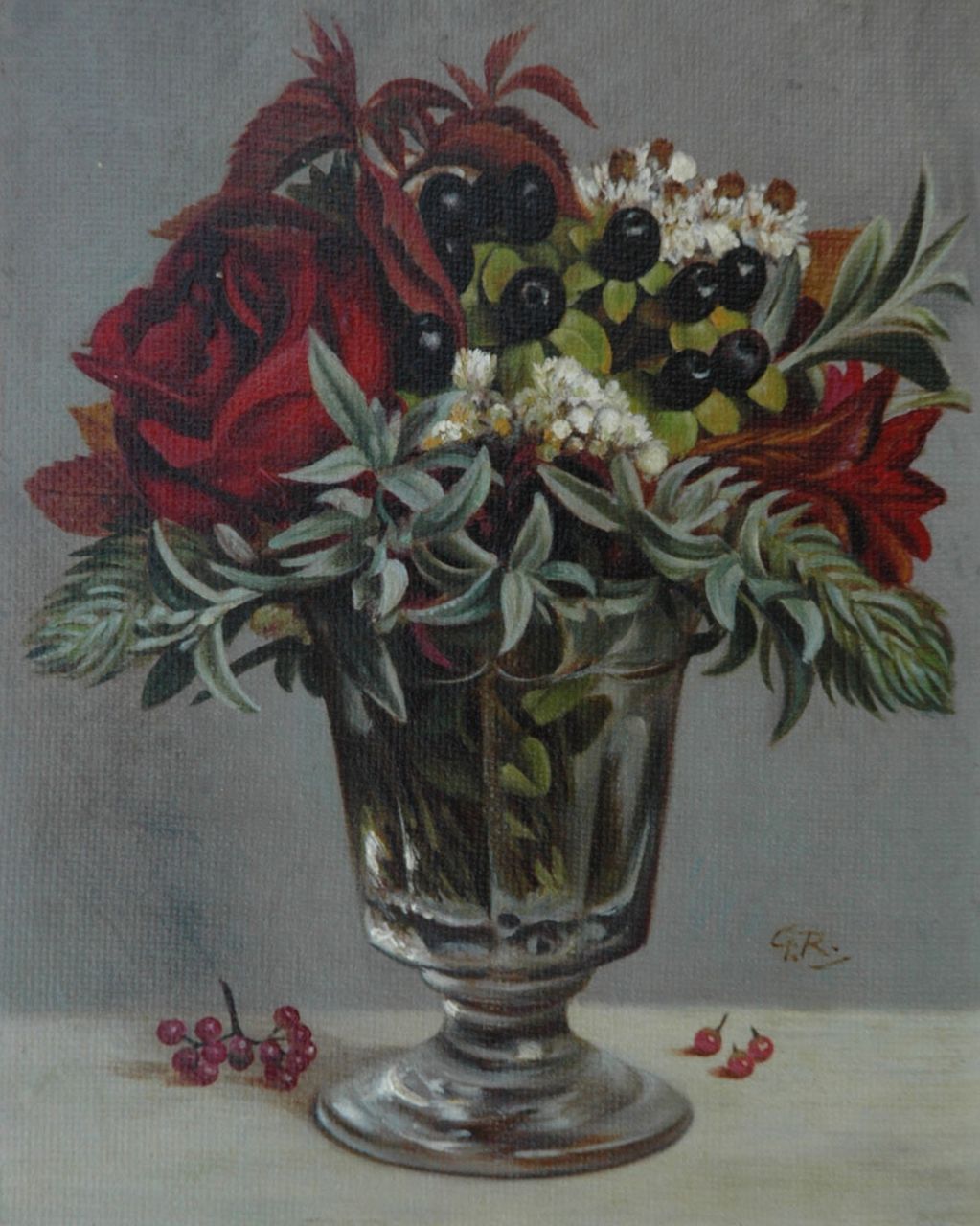 Röling G.V.A.  | Gerard Victor Alphons 'Gé' Röling, A flower still life in a glass vase, Öl auf Holz 19,0 x 15,1 cm, signed l.r. with initials and in full on the reverse