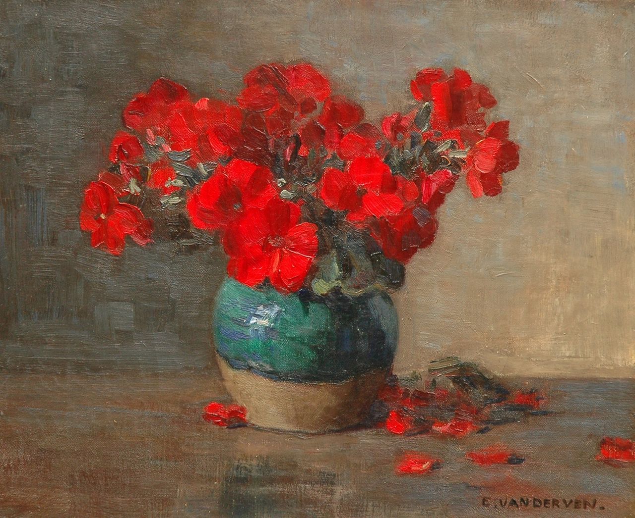 Ven E.E.G. van der | Emanuel Ernest Gerardus 'Manus' van der Ven, A still life with red flowers, Öl auf Leinwand 29,5 x 35,5 cm, signed l.r.