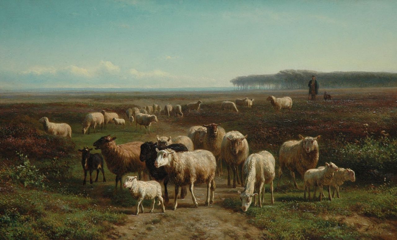 Tom J.B.  | Jan Bedijs Tom, A shepherd with his flock, Öl auf Holz 28,2 x 45,8 cm, signed l.r. und dated 1866