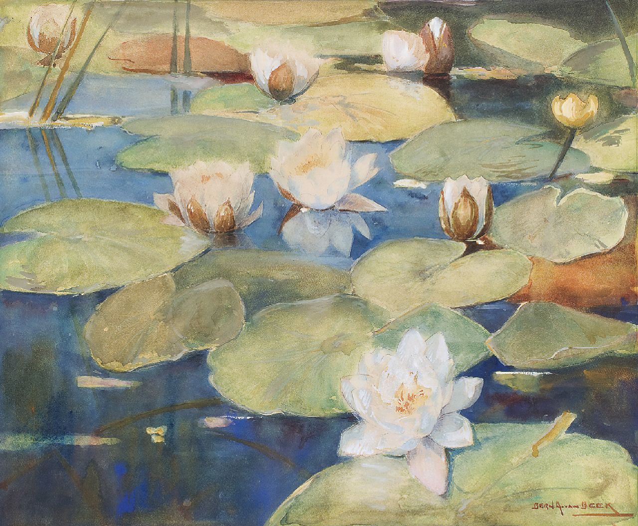 Beek B.A. van | Bernardus Antonie van Beek, Wasserrosen, Aquarell auf Papier 46,3 x 55,8 cm, Unterzeichnet r.u.