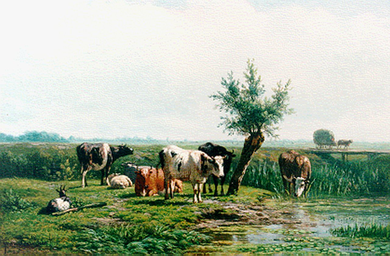 Berg S. van den | Simon van den Berg, Cattle near a stream, Öl auf Holz 30,5 x 39,2 cm, signed l.l.