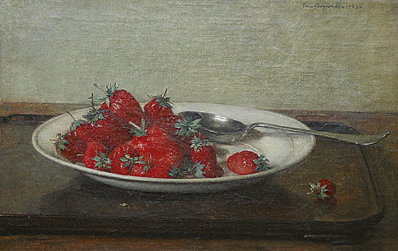 Bogaerts J.J.M.  | Johannes Jacobus Maria 'Jan' Bogaerts, Stilleben mit Erdbeeren auf einer Tonschale, Öl auf Leinwand 27,1 x 41,4 cm, Unterzeichnet r.u. und datiert 1929