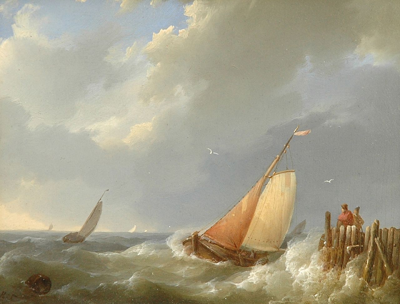 Koekkoek H.  | Hermanus Koekkoek, Shipping off a jetty, Öl auf Holz 11,9 x 14,7 cm, signed l.l. with initials