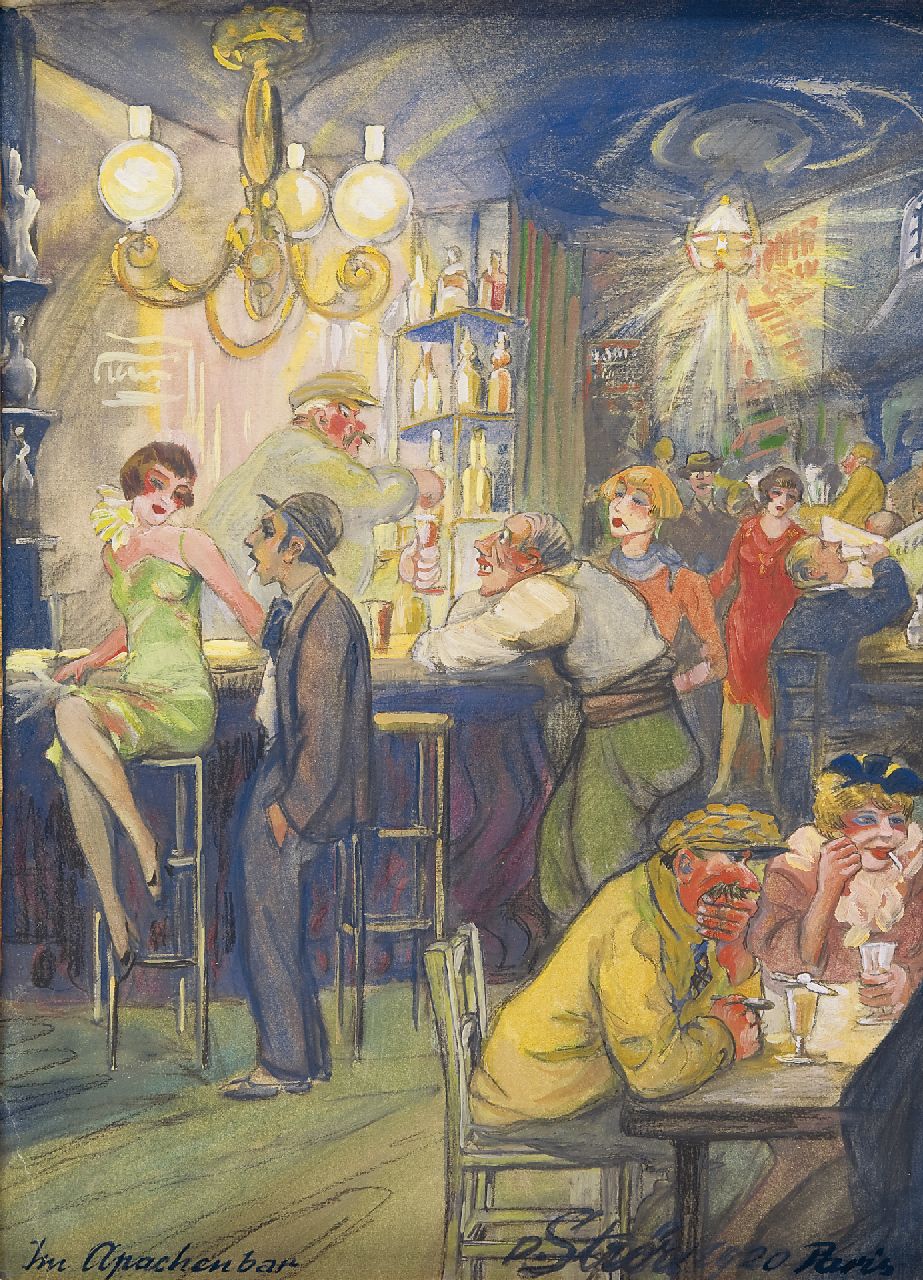 Strör P.  | Paul Strör, At the Apachenbar, Paris, Gouache und Öl auf Papier 36,8 x 26,9 cm, signed l.r. und dated '1920 Paris'