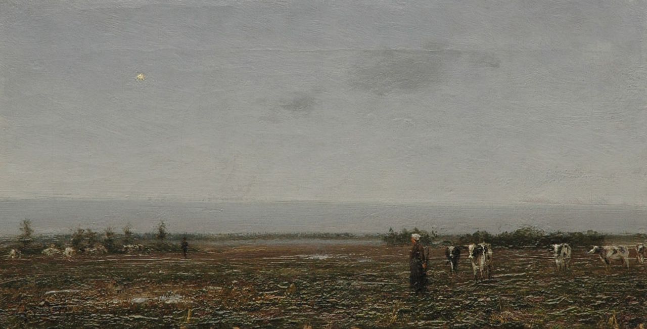 Pieters E.  | Evert Pieters, A cowherd with cattle in the field, Öl auf Leinwand 18,8 x 36,0 cm, signed l.l.