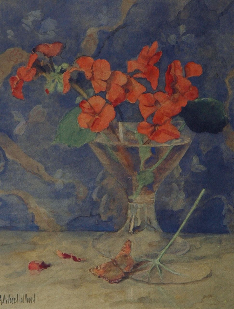 Voorst tot Voorst M.V.E.J.A. van | Marie Victoire Elisabeth Josepha Augusta van Voorst tot Voorst, A flower still life, Aquarell auf Papier 35,3 x 29,0 cm, signed l.l.