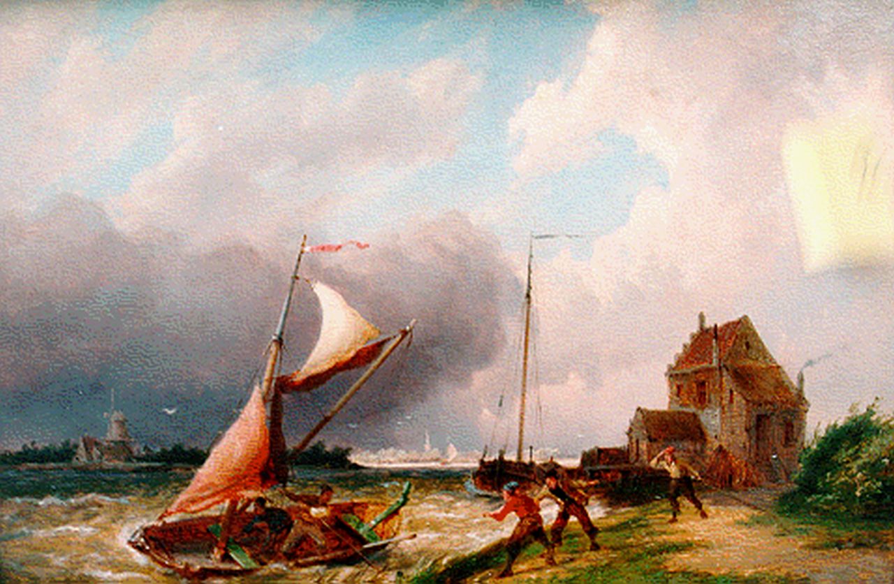Dommershuijzen P.C.  | Pieter Cornelis Dommershuijzen, Ships by the Moerdijk, Öl auf Holz 27,5 x 38,0 cm, signed l.l. und dated 1887