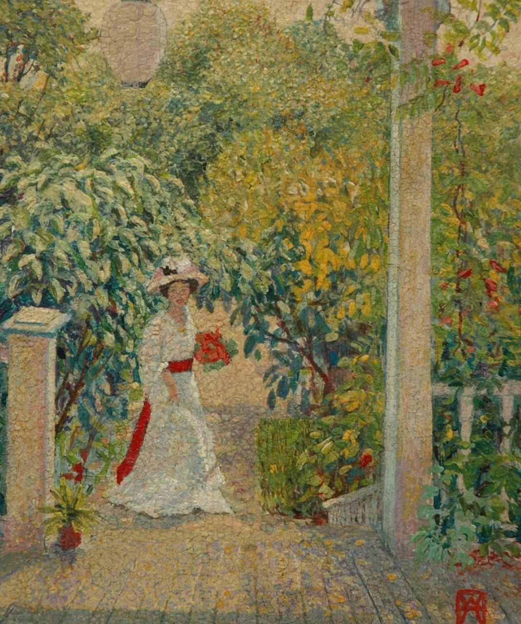 Ames W.  | Wally Ames, Woman in white dress in a garden, Öl auf Holzfaser 22,4 x 18,6 cm, signed l.r. with monogram