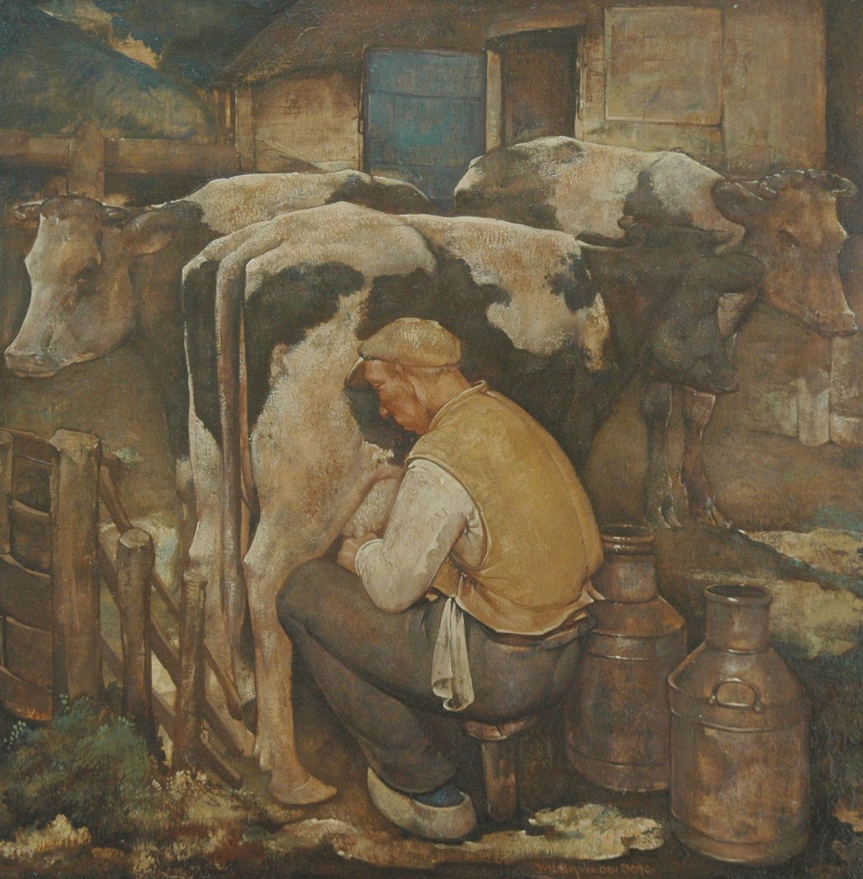 Berg W.H. van den | 'Willem' Hendrik van den Berg, Farmer milking a cow, Öl auf Holz 39,9 x 39,9 cm, signed l.r.