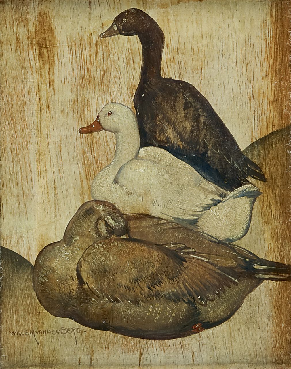 Berg W.H. van den | 'Willem' Hendrik van den Berg, Gänse, Öl auf Holz 17,4 x 14,1 cm, Unterzeichnet l.u. und im Verso