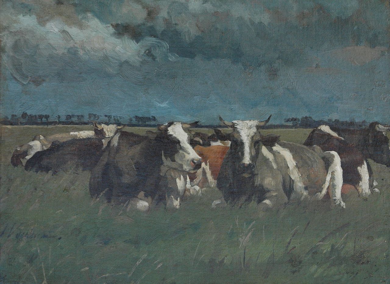 Voerman sr. J.  | Jan Voerman sr., Cows in de meadow near the IJssel river, Holland, Öl auf Leinwand 30,3 x 41,3 cm, signed l.l.