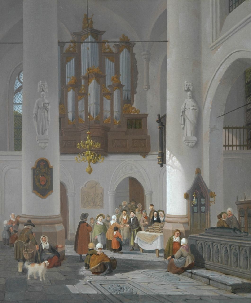 Verheijen J.H.  | Jan Hendrik Verheijen, A church interior; distributing the alms, Öl auf Holz 40,8 x 34,0 cm, signed l.r.