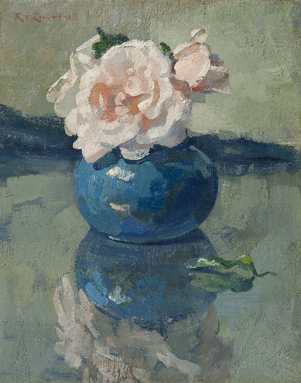 Leeuwen H. van | Hendrik 'Henk' van Leeuwen, Roses in a blue vase, Öl auf Leinwand 29,3 x 23,8 cm, signed l.l.