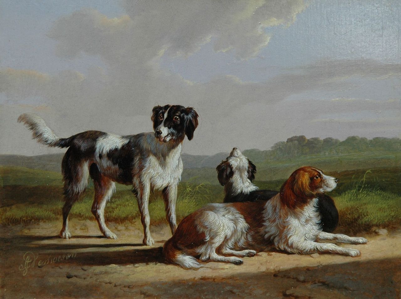 Verhoesen A.  | Albertus Verhoesen, Three hounds in a landscape, Öl auf Holz 13,3 x 17,5 cm, signed l.l.