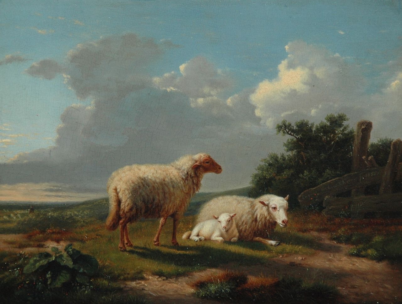 Dieghem J. van | Joseph van Dieghem | Gemälde zum Verkauf angeboten | Landschaft mit zwei Schafen und einem Lamm, Öl auf Holz 18,8 x 24,5 cm, Unterzeichnet M.r. und datiert 1855