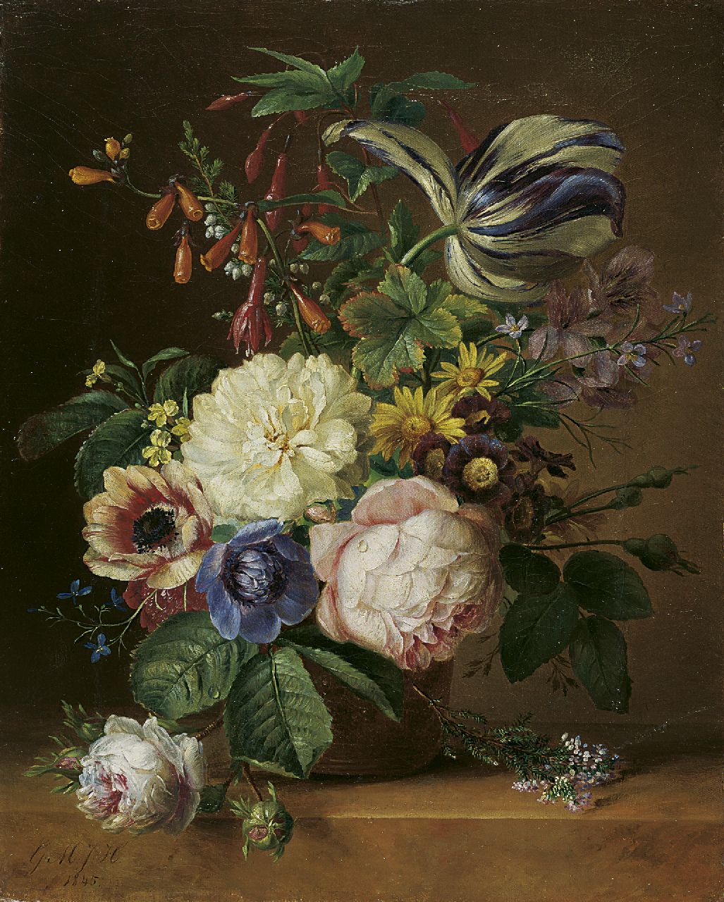 Huidekoper G.M.J.  | Geertruida Margaretha Jacoba Huidekoper, A still life of roses, tulips and anemones, Öl auf Leinwand 37,5 x 30,5 cm, signed l.l. with initials und dated 1845