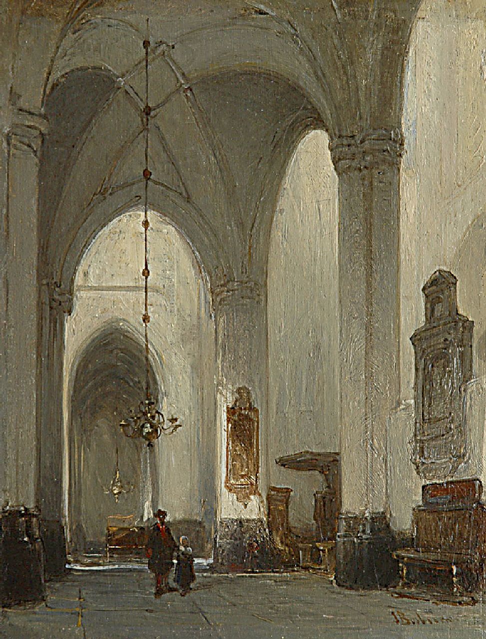 Bosboom J.  | Johannes Bosboom, Innenraum der grote Kerk in Breda, Öl auf Holz 20,8 x 16,0 cm, Unterzeichnet r.u.