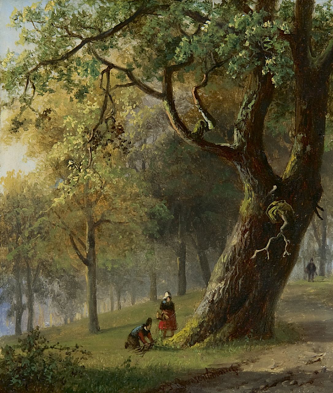 Roosenboom N.J.  | Nicolaas Johannes Roosenboom, Figures in a wooded landscape, Öl auf Holz 15,4 x 13,0 cm, signed l.c.