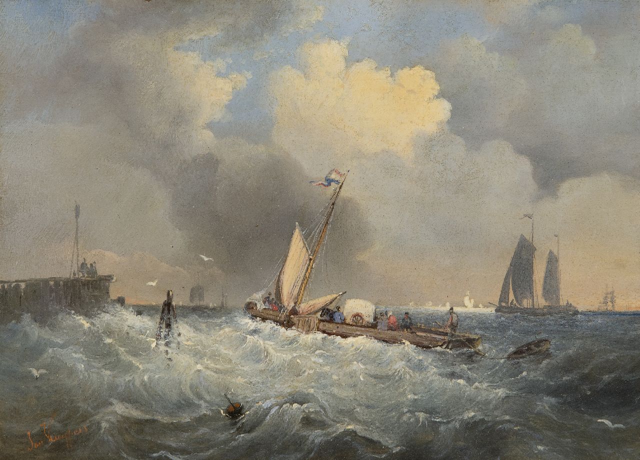 Kuijpers J.  | Jan Kuijpers | Gemälde zum Verkauf angeboten | Segelnde Fähre auf wildem Wasser, Öl auf Holz 19,2 x 26,0 cm, Unterzeichnet l.u. und zu datieren um 1860