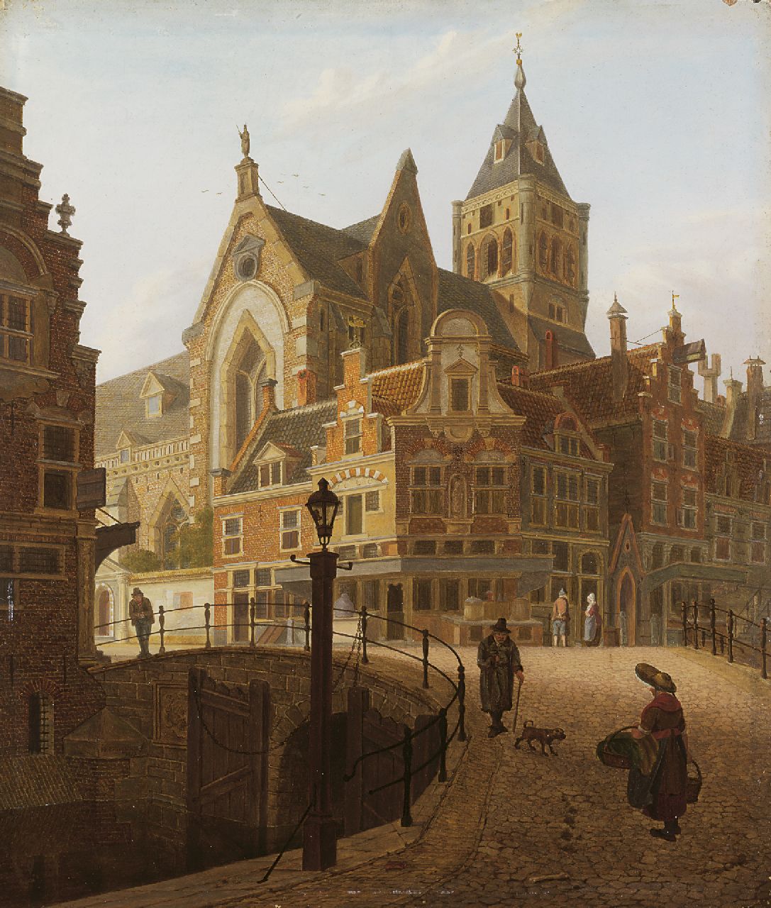 Verheijen J.H.  | Jan Hendrik Verheijen, A town view with pedestrians on a bridge, Öl auf Holz 24,2 x 20,9 cm, signed l.l. und dated 1813
