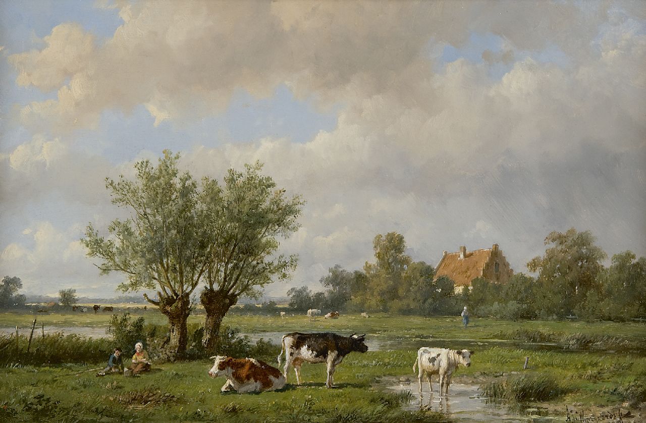 Wijngaerdt A.J. van | Anthonie Jacobus van Wijngaerdt, Summerlandscape with cowherds and cattle, Öl auf Holz 23,6 x 36,6 cm, signed l.r.