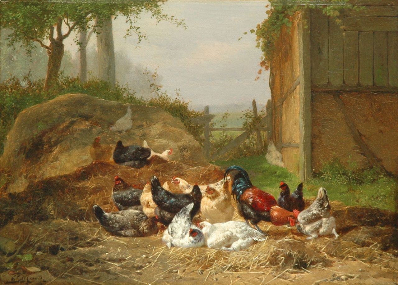 Maes E.R.  | Eugène Remy Maes, Poultry in a sunlit farmyard, Öl auf Holz 26,5 x 36,0 cm, signed l.l.
