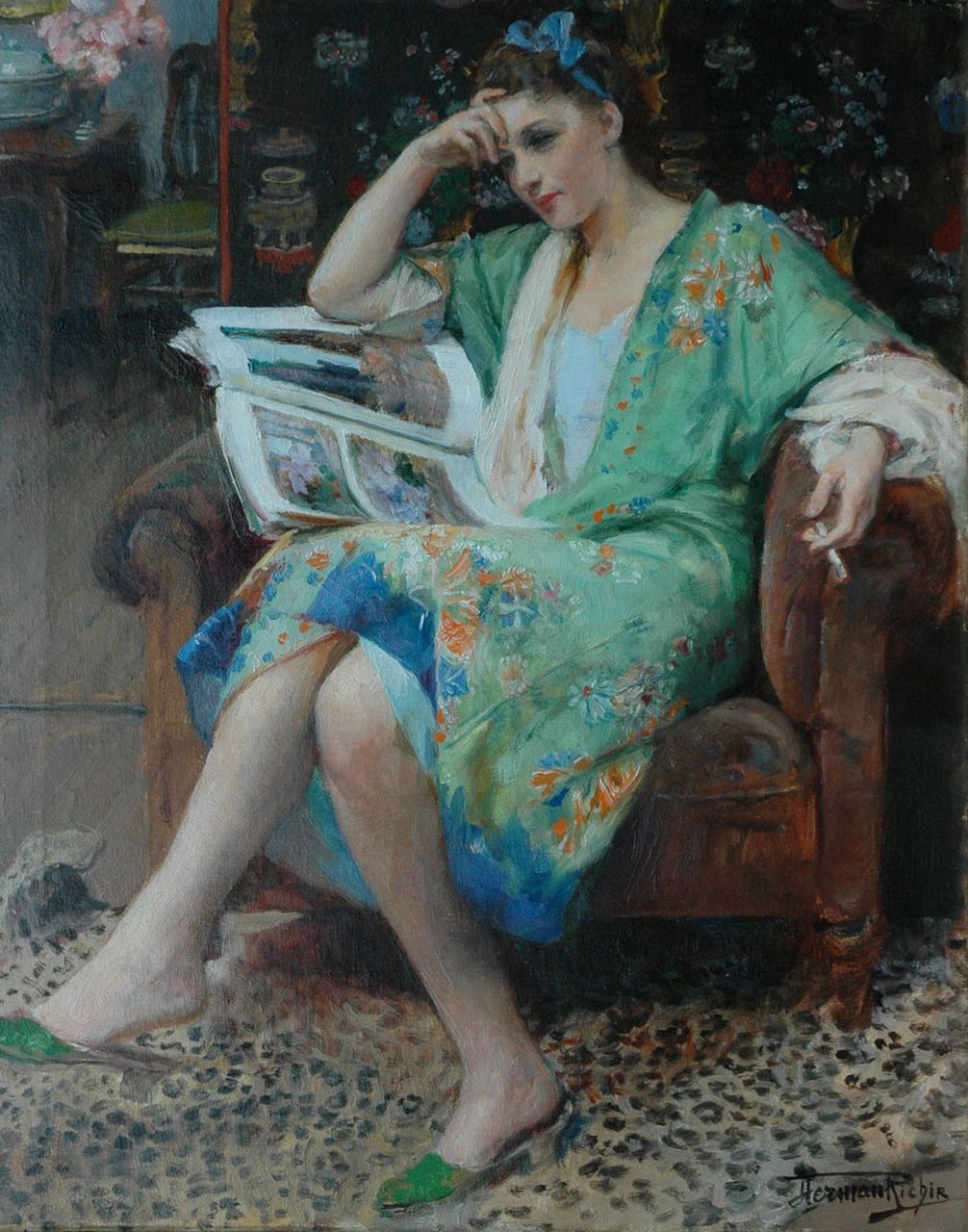 Richir H.J.J.  | Herman Jean Joseph Richir, A young woman in a green kimono, Öl auf Leinwand 50,3 x 41,2 cm, signed l.r.