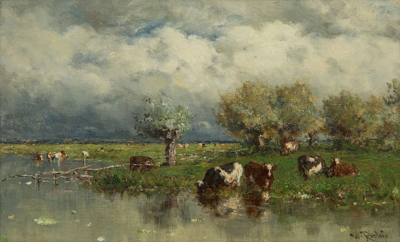 Roelofs W.  | Willem Roelofs, Kühe in Wasserlandschaft, Öl auf Leinwand 24,2 x 38,9 cm, Unterzeichnet r.u. und zu datieren um 1880