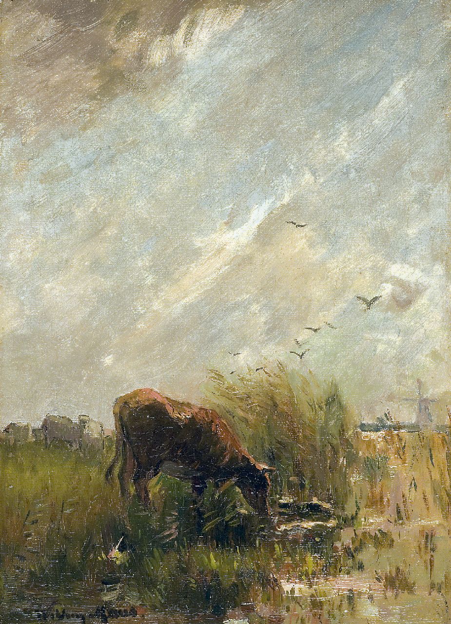 Maris W.  | Willem Maris, Trinkende Kuh, Öl auf Leinwand 35,5 x 25,8 cm, Unterzeichnet l.u.