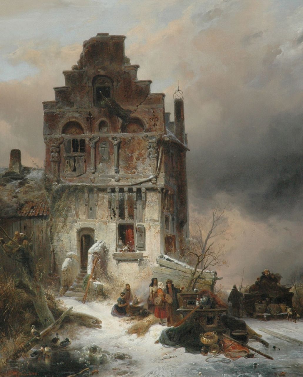 Nuijen W.J.J.  | Wijnandus Johannes Josephus 'Wijnand' Nuijen, Moving house on a winter day, Öl auf Leinwand 112,9 x 91,6 cm, signed l.l. und dated 1837