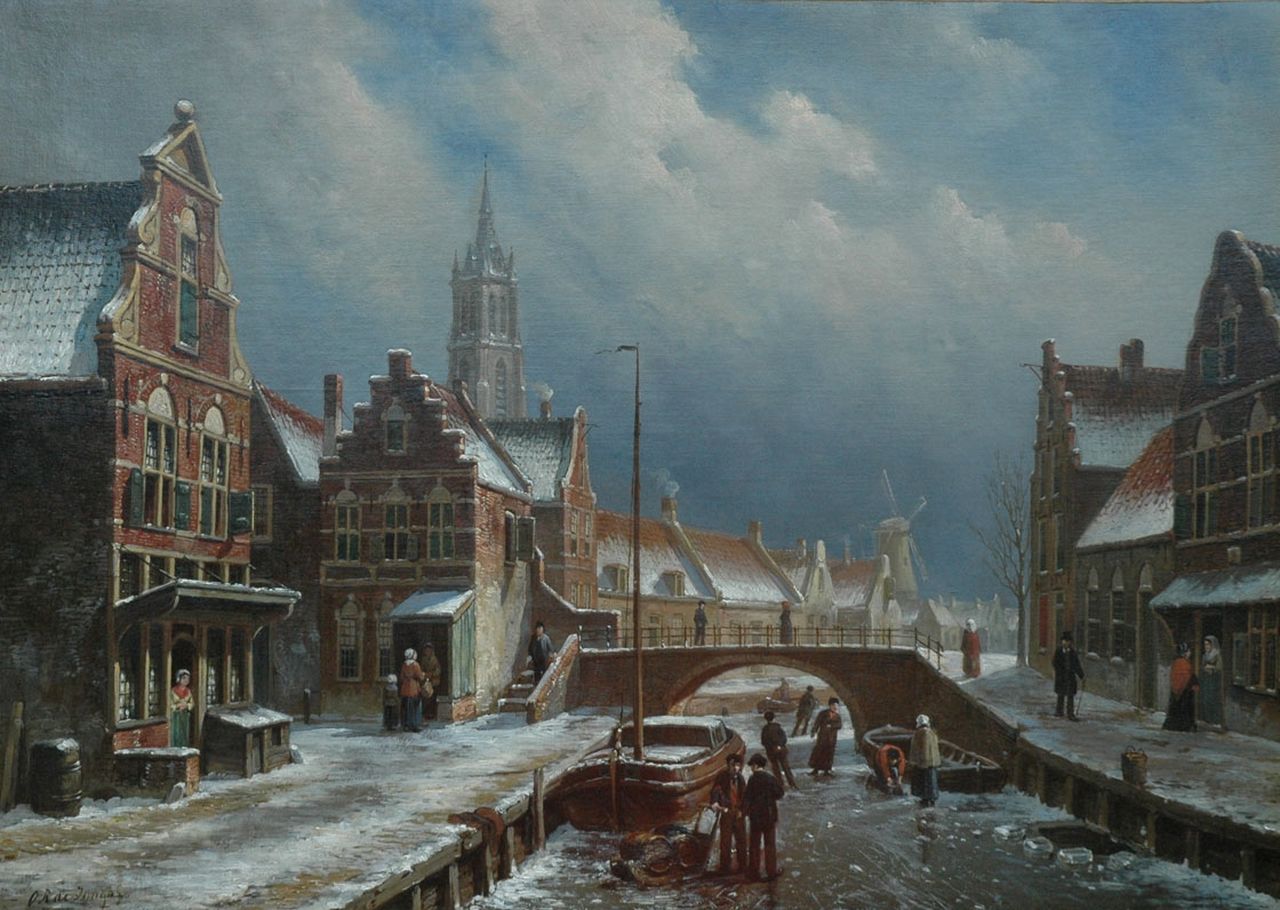 Jongh O.R. de | Oene Romkes de Jongh, Skaten on a frozen canal in a Dutch town, Öl auf Leinwand 49,9 x 70,0 cm, signed l.l.